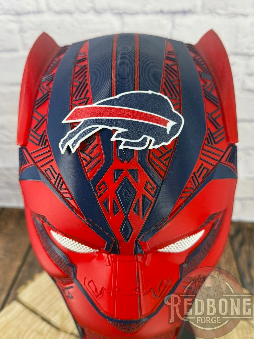 Buffalo-Inspired Navy & Red Tribal Cat Warrior Helmet