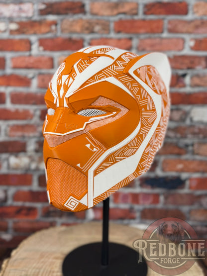 Longhorn-Inspired Burnt Orange & White Tribal Cat Warrior Helmet
