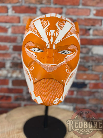 Longhorn-Inspired Burnt Orange & White Tribal Cat Warrior Helmet