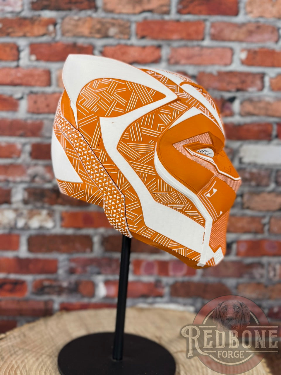 Longhorn-Inspired Burnt Orange & White Tribal Cat Warrior Helmet