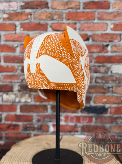 Longhorn-Inspired Burnt Orange & White Tribal Cat Warrior Helmet