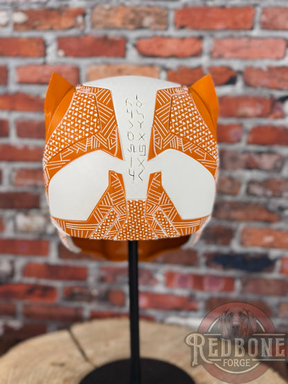 Longhorn-Inspired Burnt Orange & White Tribal Cat Warrior Helmet
