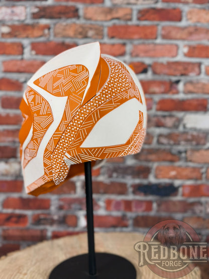 Longhorn-Inspired Burnt Orange & White Tribal Cat Warrior Helmet
