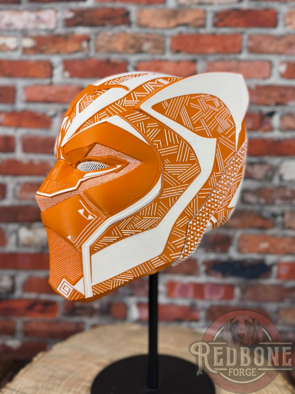 Longhorn-Inspired Burnt Orange & White Tribal Cat Warrior Helmet