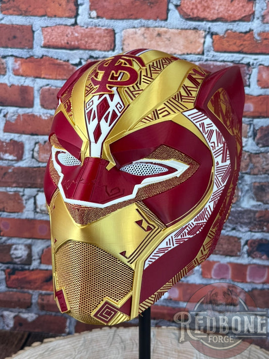 Florida State-Inspired Red & Gold Tribal Cat Warrior Helmet