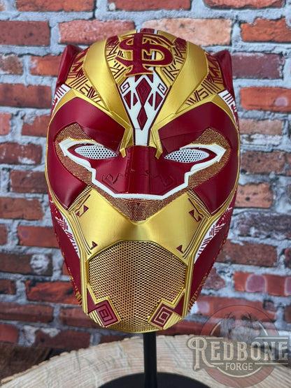 Florida State-Inspired Red & Gold Tribal Cat Warrior Helmet
