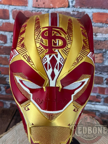 Florida State-Inspired Red & Gold Tribal Cat Warrior Helmet