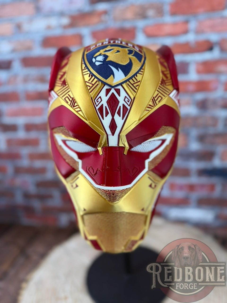 Florida-Inspired Red & Gold Tribal Cat Warrior Helmet