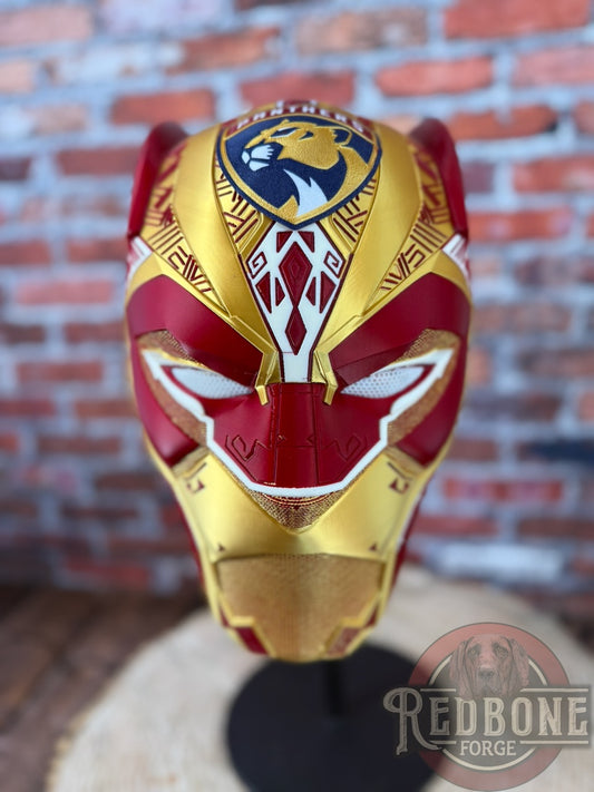 Florida-Inspired Red & Gold Tribal Cat Warrior Helmet