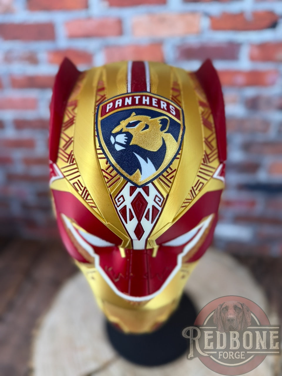 Florida-Inspired Red & Gold Tribal Cat Warrior Helmet
