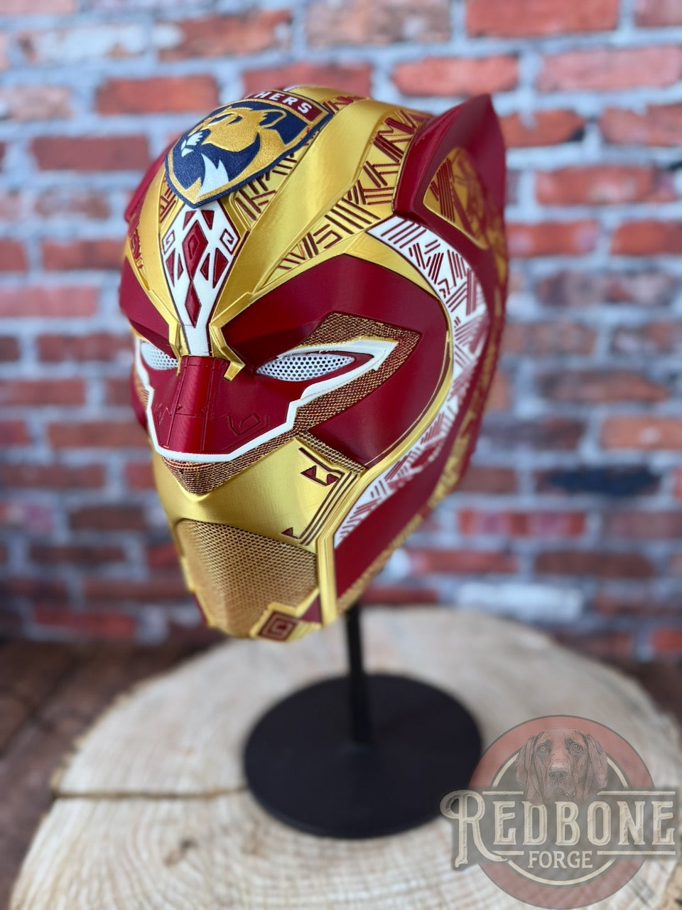 Florida-Inspired Red & Gold Tribal Cat Warrior Helmet