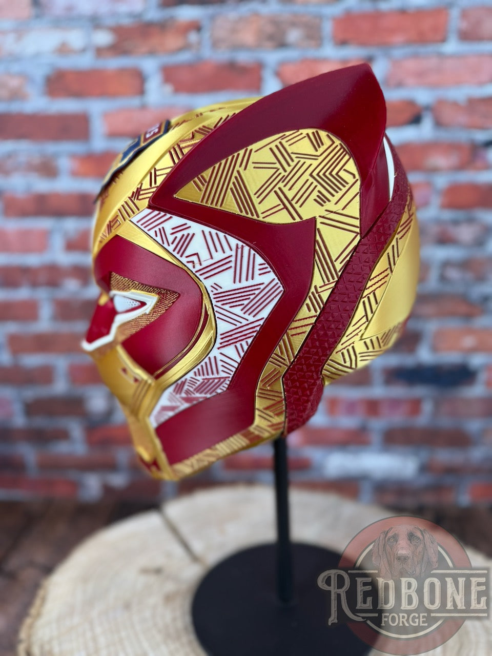 Florida-Inspired Red & Gold Tribal Cat Warrior Helmet