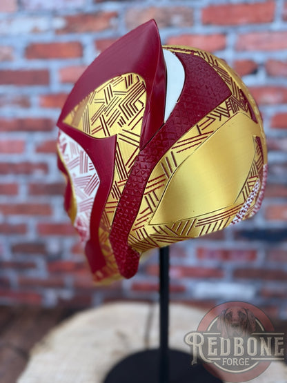 Florida-Inspired Red & Gold Tribal Cat Warrior Helmet