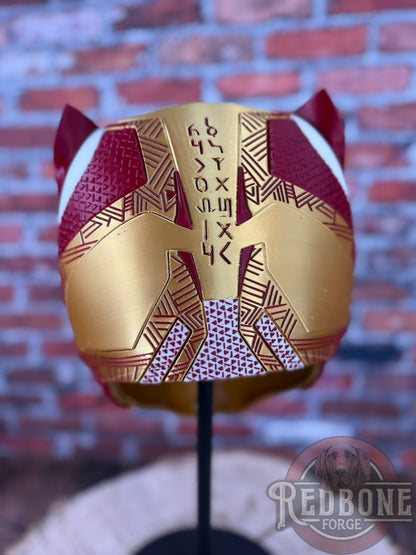 Florida-Inspired Red & Gold Tribal Cat Warrior Helmet