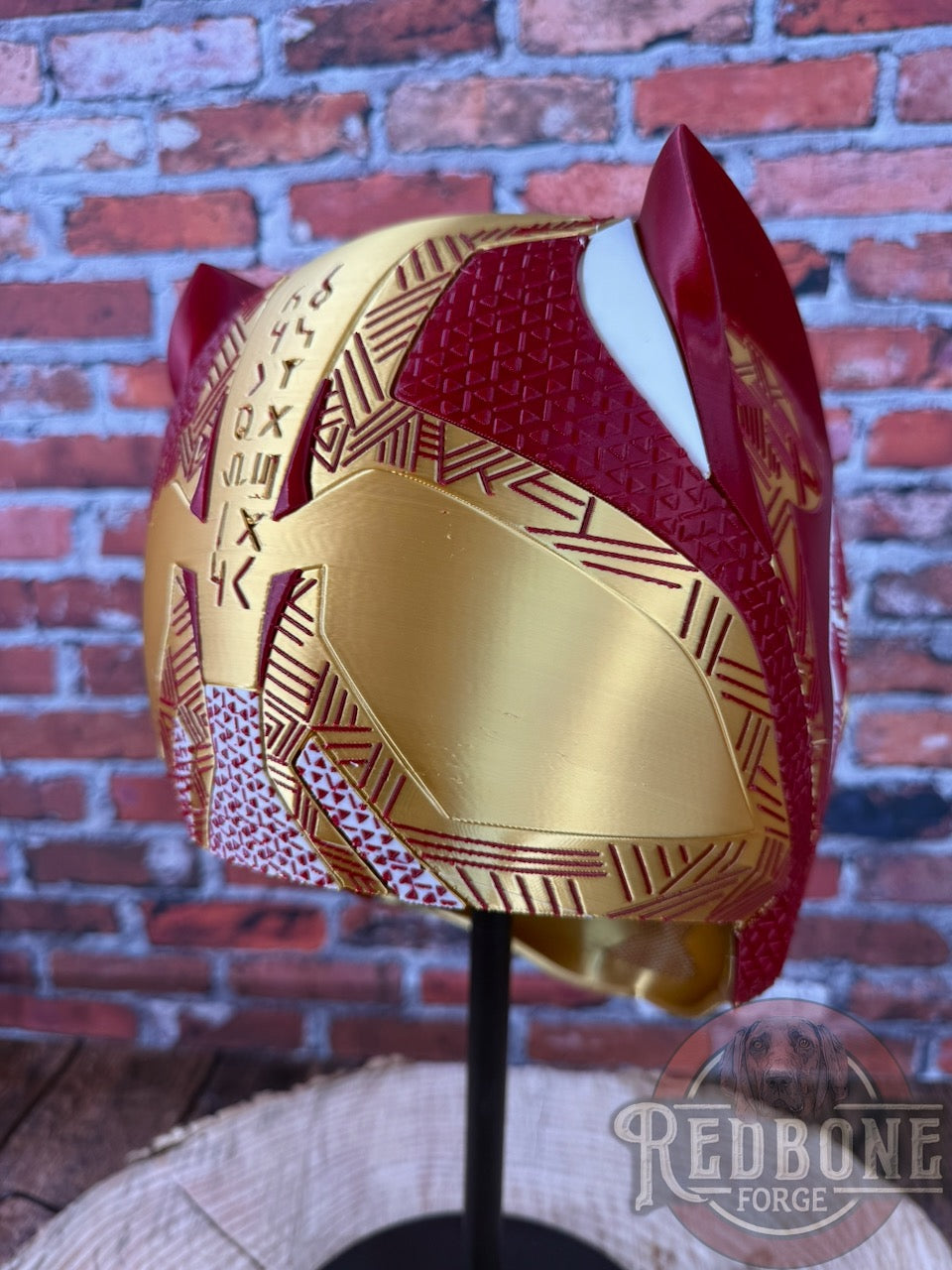 Florida-Inspired Red & Gold Tribal Cat Warrior Helmet