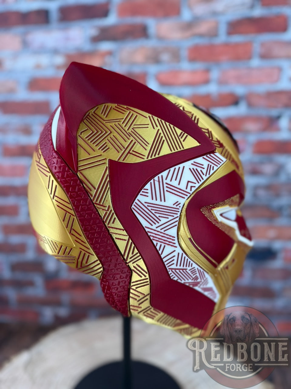 Florida-Inspired Red & Gold Tribal Cat Warrior Helmet