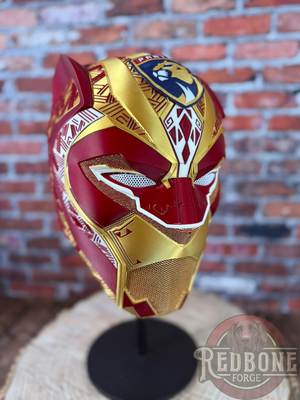 Florida-Inspired Red & Gold Tribal Cat Warrior Helmet