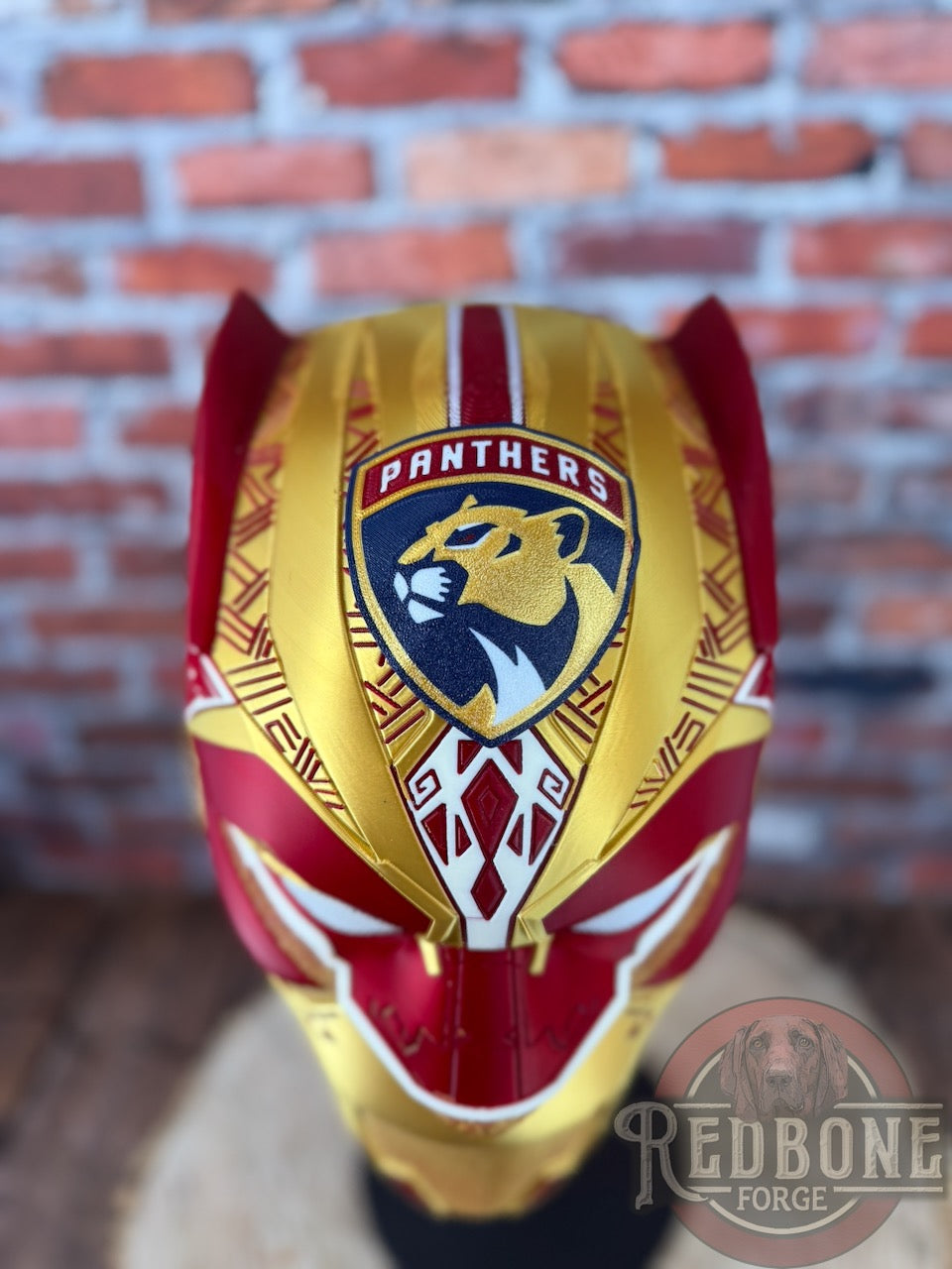 Florida-Inspired Red & Gold Tribal Cat Warrior Helmet