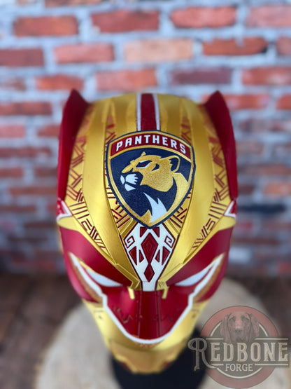 Florida-Inspired Red & Gold Tribal Cat Warrior Helmet