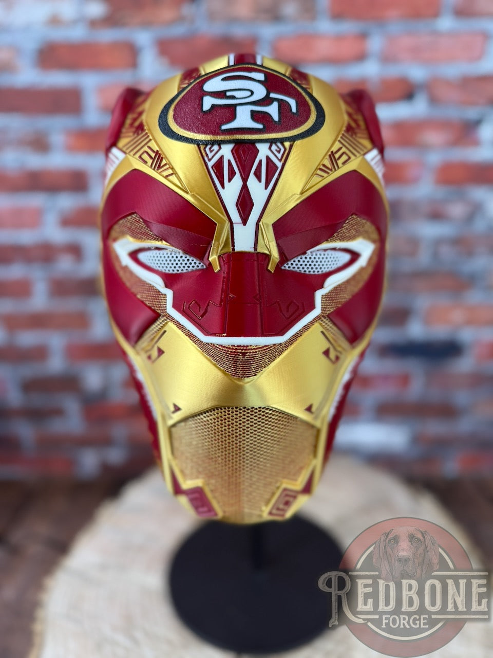 San Francisco-Inspired Red & Gold Tribal Cat Warrior Helmet
