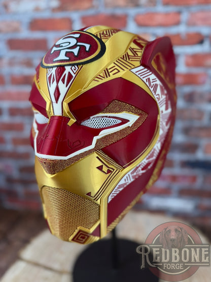 San Francisco-Inspired Red & Gold Tribal Cat Warrior Helmet