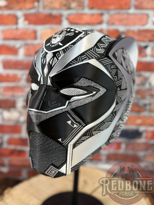 Raider-Inspired Silver & Black Tribal Cat Warrior Helmet