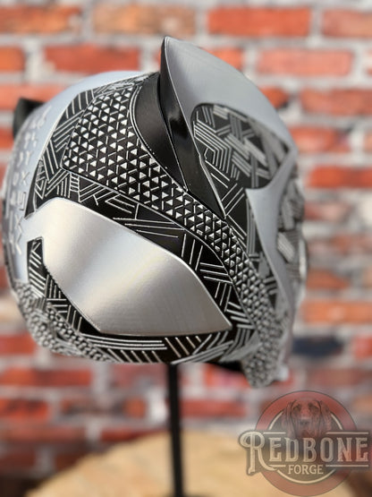 Raider-Inspired Silver & Black Tribal Cat Warrior Helmet