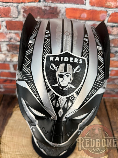 Raider-Inspired Silver & Black Tribal Cat Warrior Helmet