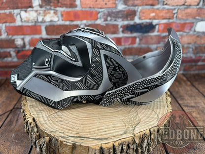 Raider-Inspired Silver & Black Tribal Cat Warrior Helmet