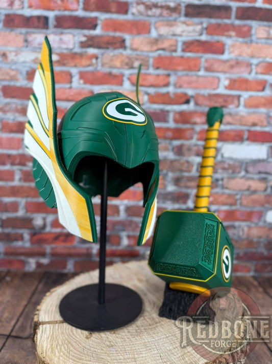 Green Bay-Inspired Green & Yellow Norse God Helmet & Hammer