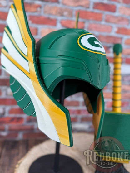 Green Bay-Inspired Green & Yellow Norse God Helmet & Hammer