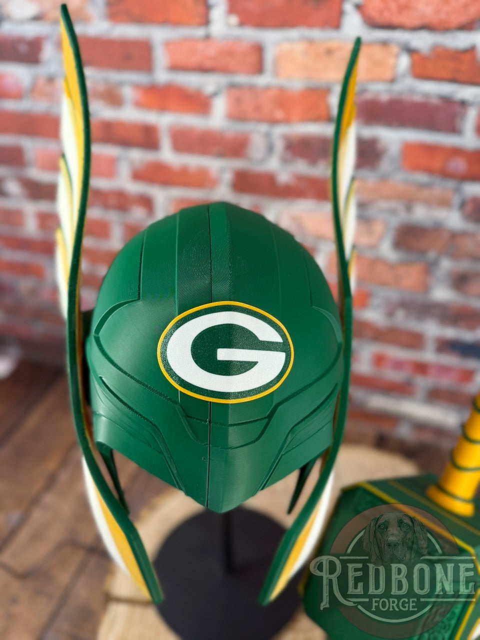 Green Bay-Inspired Green & Yellow Norse God Helmet & Hammer