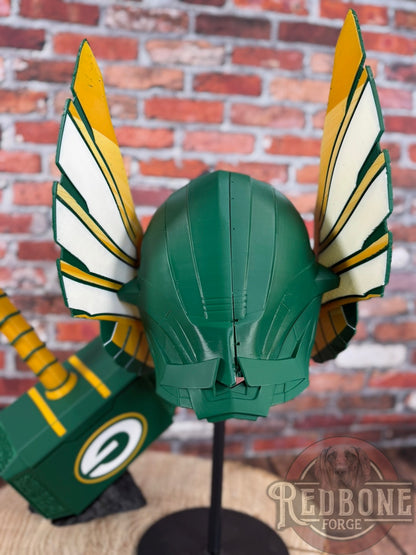 Green Bay-Inspired Green & Yellow Norse God Helmet & Hammer
