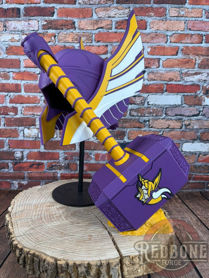 Viking-Inspired Purple & Yellow Norse God Helmet & Hammer