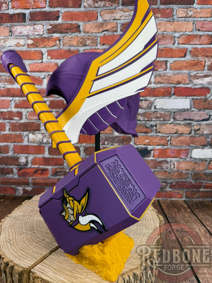 Viking-Inspired Purple & Yellow Norse God Helmet & Hammer