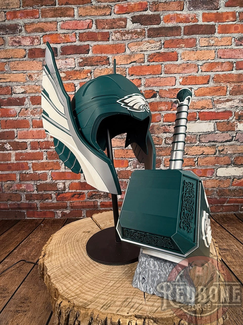 Eagles-Inspired Green & Silver Norse God Helmet & Hammer
