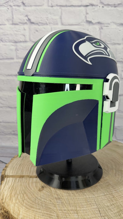 Seattle-Inspired Navy Blue & Action Green Mandalorian Helmet