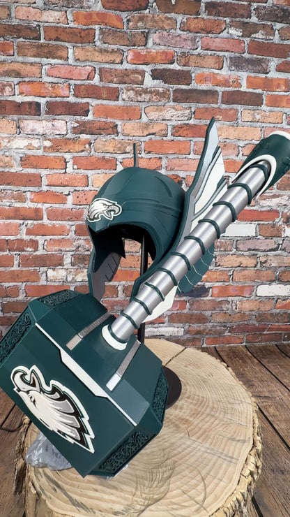 Eagles-Inspired Green & Silver Norse God Helmet & Hammer